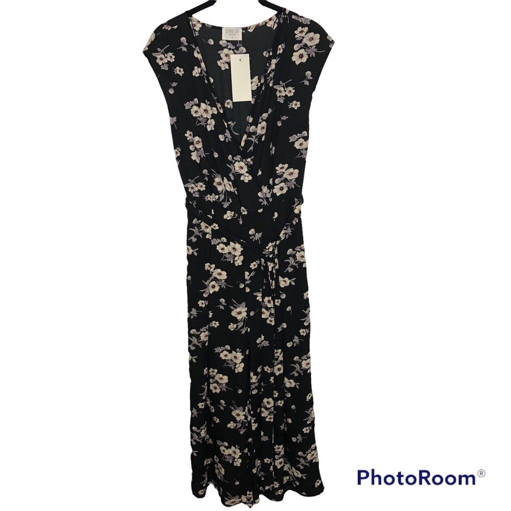 NWT Sienna Sky Womens Black Floral Print Jumpsuit Size Small Wide Leg Cropped
